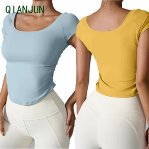 Custom Logo Women's Yoga Tops Square Neck Breathable Quick Dry T-Skirt Aerobic Fitness Gym Sport Yoga Wear
