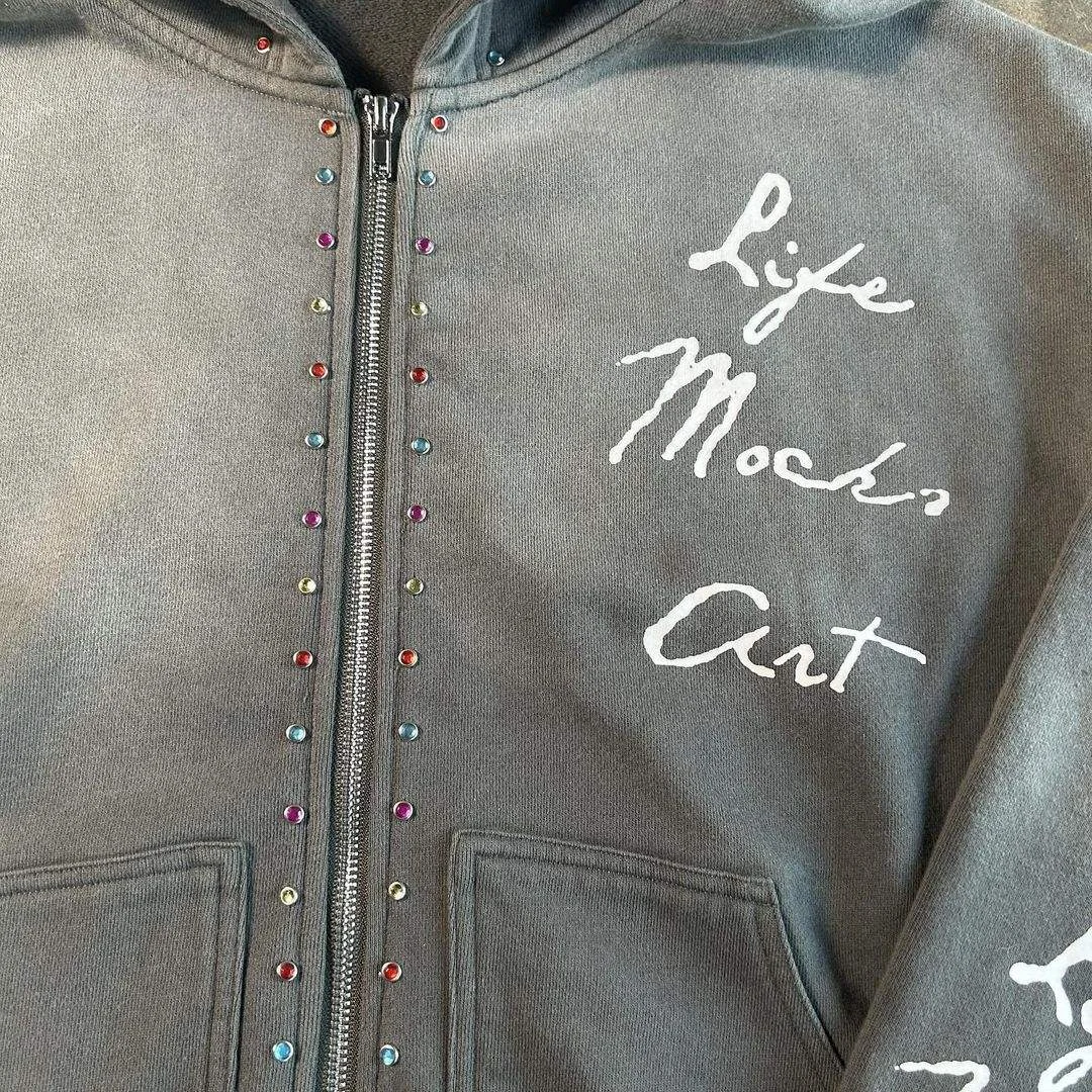 SALATI OEM Custom Sunfaded Sun Faded Acid Wash Vintage Rivet Full Zip Rhinestone Zip up Hoodie Men With Rhinestone gallery 4