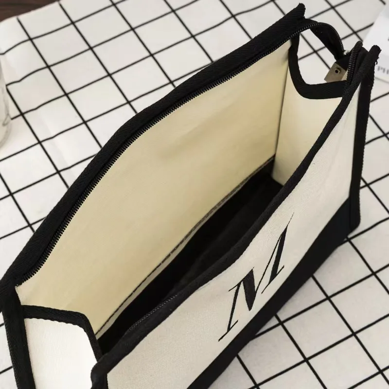 Custom Logo Makeup Bag Waterproof Canvas Jute Splicing Zipper Pouch Travel Toiletry Portable Storage Bag preview 6