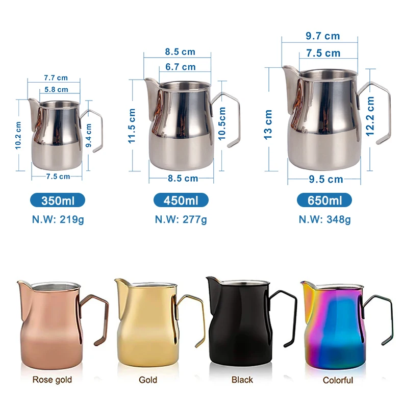 Customize Color Long Spout Milk Frothing Jug 350ml 500ml Coffee Latte Art Pitcher Stainless Steel Milk Steaming Frothing Pitcher