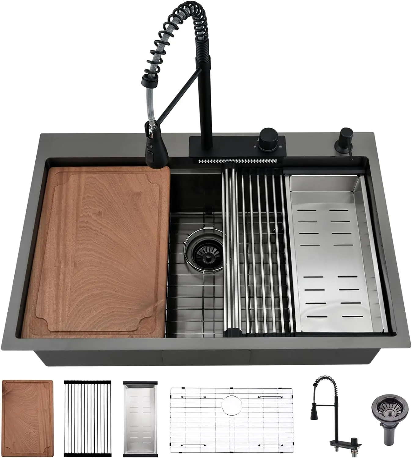 Modern Multifunction Black Waterfall Faucet Drop in Kitchen Sink Workstation Topmount Stainless Steel Single Bowl Kitchen Sink