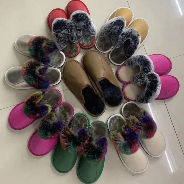Hot Leather wool fur couple warm autumn winter slippers soft high-end cold-proof Fox fur ladies cotton slippers to wear outside