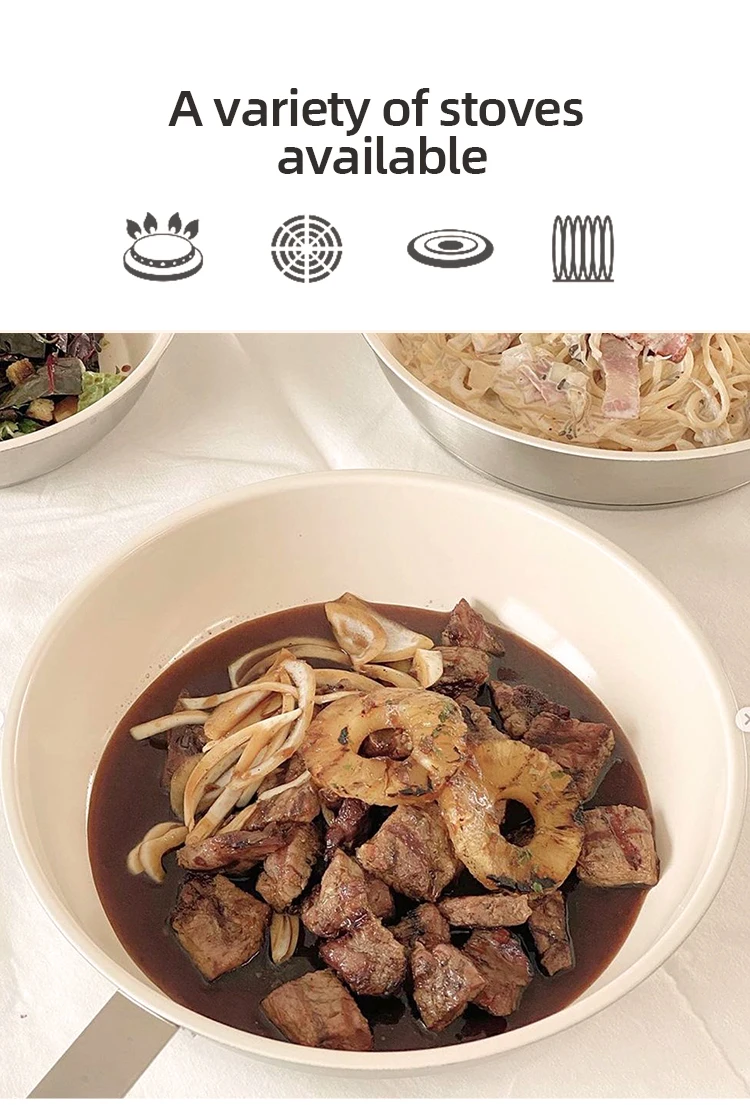 Custom Modern Kitchen Cream Three Layer Bottom Ceramic Glaze Paint Non Stick Stainless Steel 304 Frying Skillet Pan with Lid