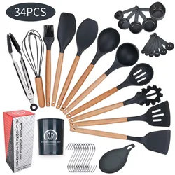 Colorful wood handle silicone kitchen utensils 11 sets non-stick cooking spoon shovel set kitchen utensils 12 sets