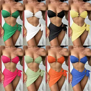 Solid Color 3 Piece Bikini Swimsuit for Women with Strapless Top Half Skirt and Decorative Metal Rings, Sexy Swimwear for Girls