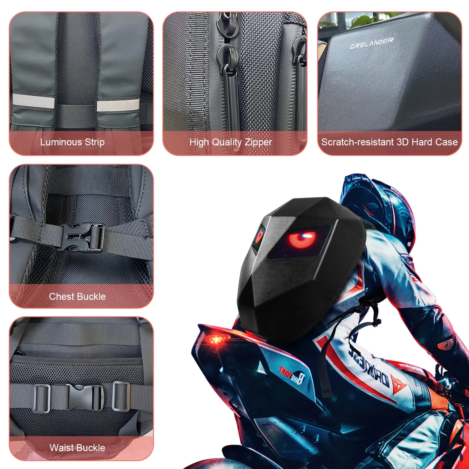 Motorcycle 3D Eyes Led Light Backpack Bag Waterproof Hard Shell With Usb  Light Led Knight Bag