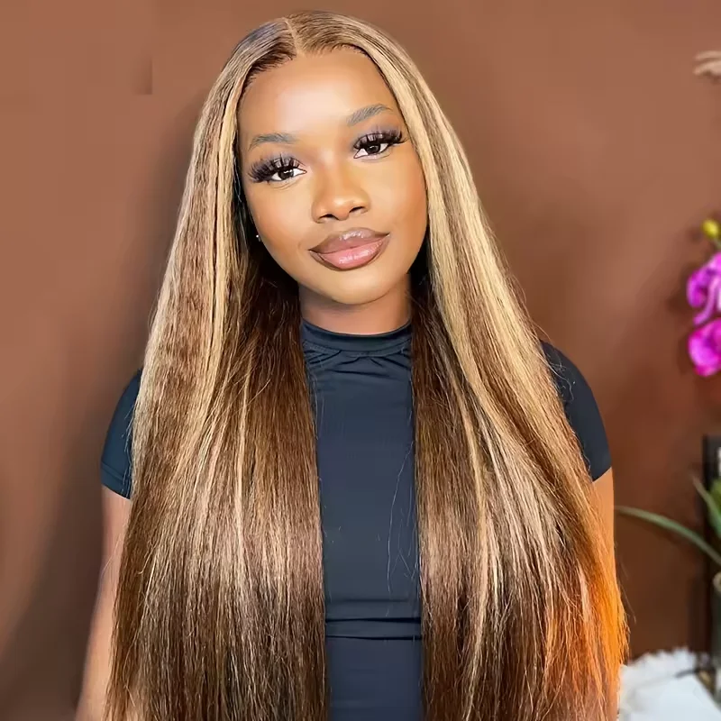 Long Kinky Straight 13X4 Highlight Lace Front Wig P4/27 display picture 3