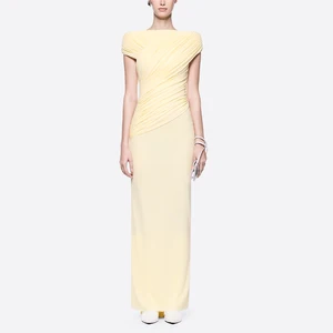 ZYHT 73845 Women's Maxi Dress Asymmetrical Casual High Street Fashion Party Solid Summer Pleated Long Dresses for Ladies