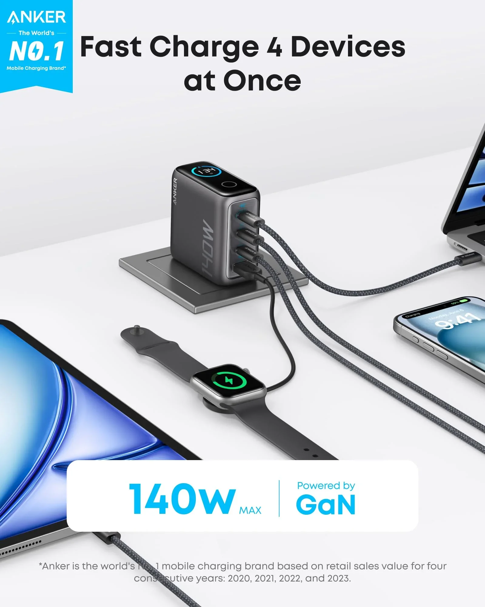 ANKER Zolo Laptop 140W Charger 4-Port PD 3.1 with USB-C Cable See