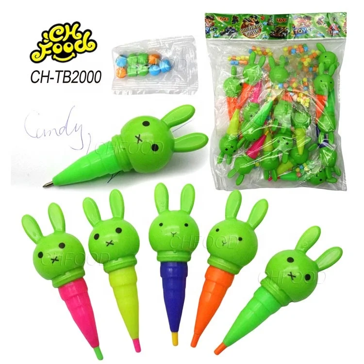 Wholesale and Custom Cheap Plastic Rabbit Toy Pen with Colorful Mini Tablet Candy for Kids