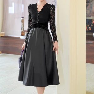 ZYHT 45327 Women's Elegant Black Lace Midi Dress Long Sheer Lace Sleeves with  Velvet Dress Waist Panel Flared Dresses