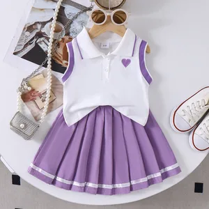 Girls Casual Summer Clothing Suits with Pleated Skirt Solid Canvas Fabric Kids' Wear