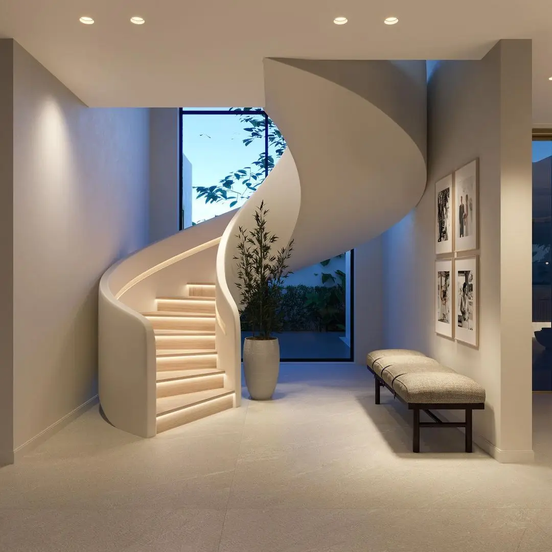 DB Luxury Villa Curved Staircase with Plate Railing Customized Marble Tread Design Stairs details