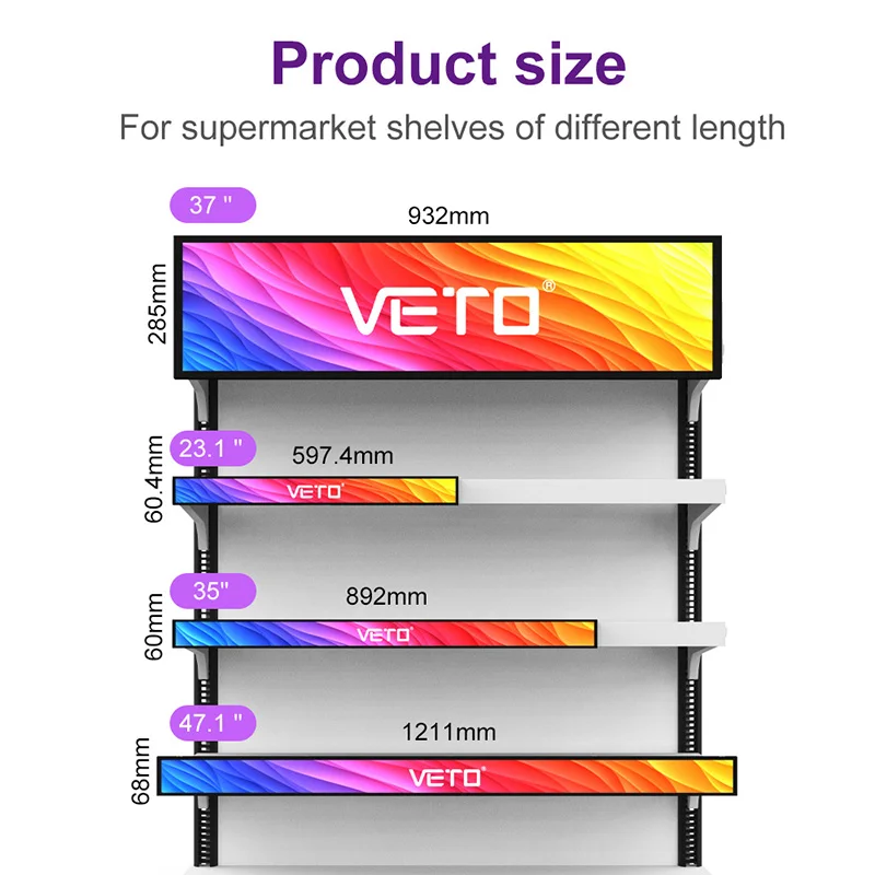VETO Shelf Edge TFT LCD Displays Video Advertising Player Stretched Bar Display for Supermarket Retail Store
