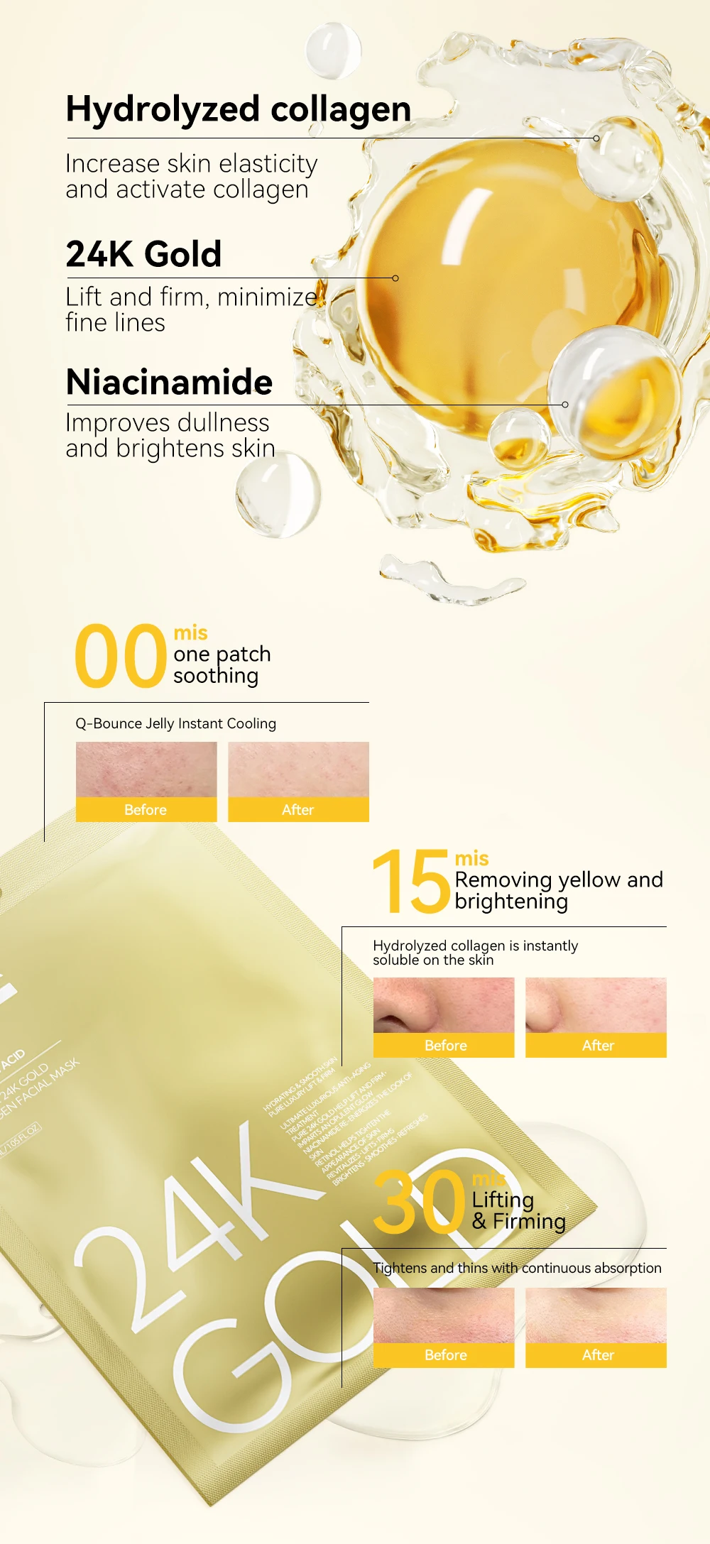 Lanbena Official 24K Gold Collagen Facial Mask Sheets Skin Treat Blemishes Sebum Control for All Skin Type factory