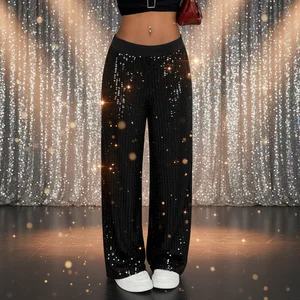 Sample Customization Elastic High-Waisted Sequin Drape Straight Leisure Pants Ladies Party Shiny Long Pants