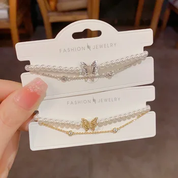 French Light Luxury Hundreds of Double-layer Pearl Chain butterfly Bracelet Female Personalized Design Sense Hand Jewelry