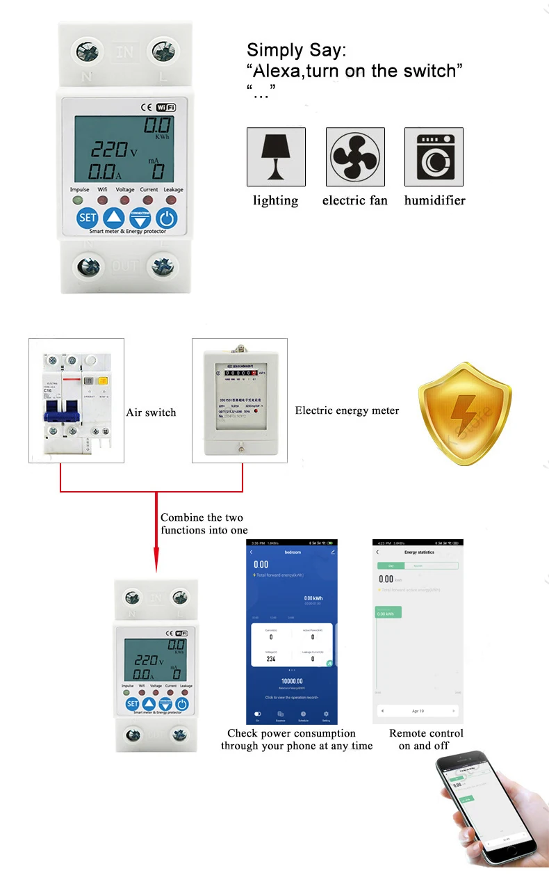 63A TUYA APP WiFi Smart Circuit Breaker Earth Leakage Over Under Adjustable Voltage Protector Relay/Energy Power KWh Meter