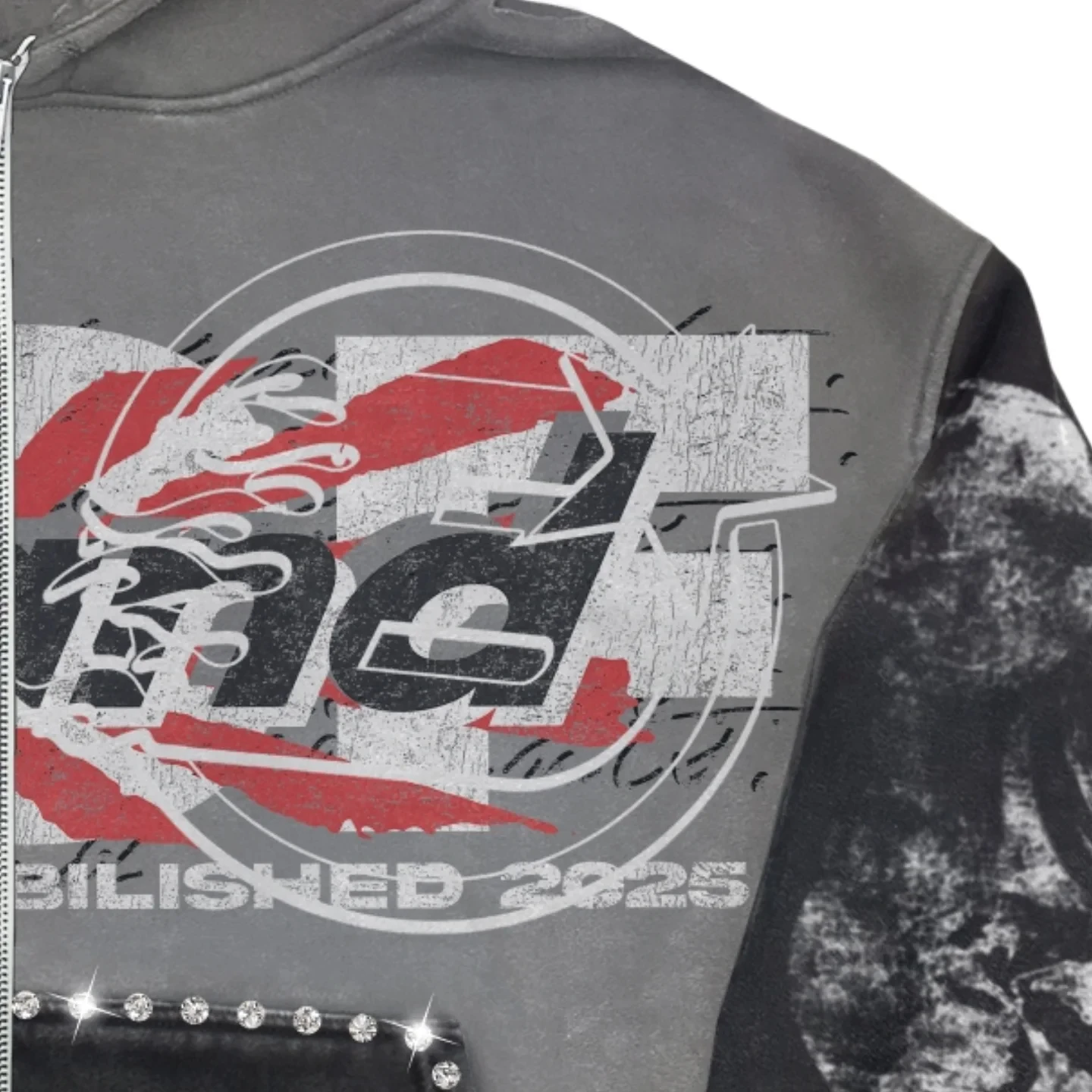 Manufacture Custom Dgt Logo Print Retro French Terry Oversized Streetwear Acid Washed Distressed Hem Rhinestone Vintage Hoodie gallery 3
