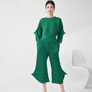 Miyake Pleated Design Two-Piece Casual Clothing Women Summer 2025 High Quality Crew Neck Loose Top and Pants