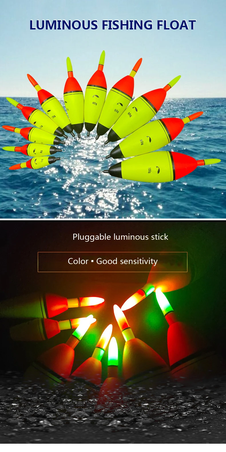 1pcs 10g Eva Foam Glowing Bobbers Fishing Floats Long Vertical Luminous Glow Fishing Floats