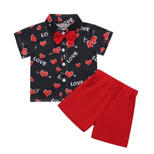 Best Sales Shirt and Short Pant Suit for Kids Boys Printed Love Pattern Summer Boys Clothing Set