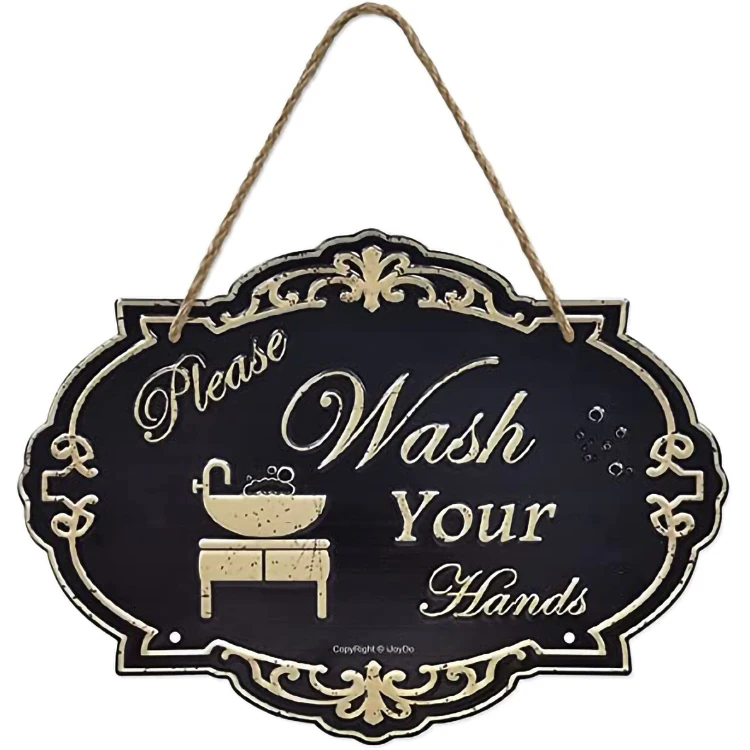Irregular Shape Embossed Letters Unique Metal Plaque  12X9Inch Please Wash Your Hand Metal Sign for Bathroom Kitchen Decor