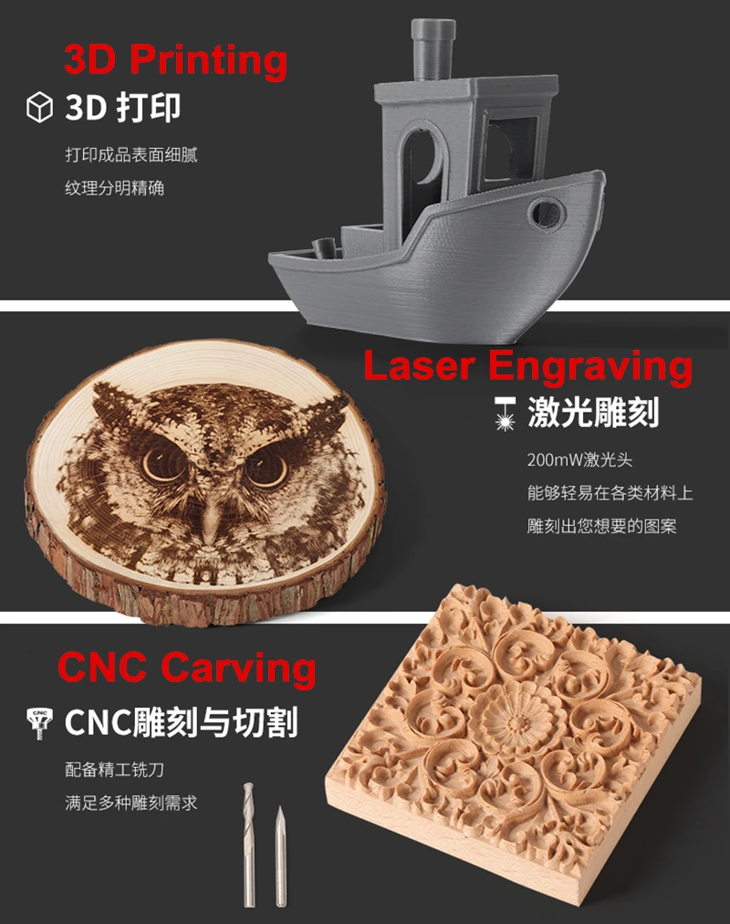 LY 3 in 1 CNC Router Laser Engraver 3D Printer Machine For DIY Learning Leather Wood Carving