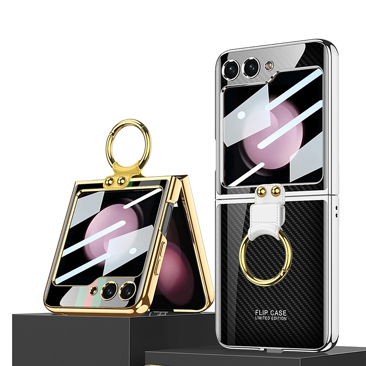 For Flip 7 Luxury case Custom Pattern Glass Painting with Ring Case for Samsung Z Flip 4 5 6 Mobile Accessories