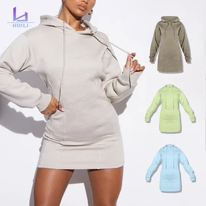 Huili Manufacturer Designer 100% Cotton French Terry Solid Color Blank Long Hoodie logo Custom Hoodie Dress for Women