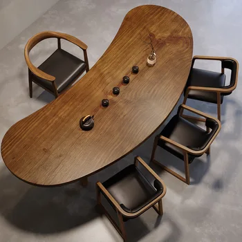 Alternative view of All Solid Wood Tea Table and Chair Combination Large Board Tea Table Creative Arc Living Room Home Log Balcony Tea Table