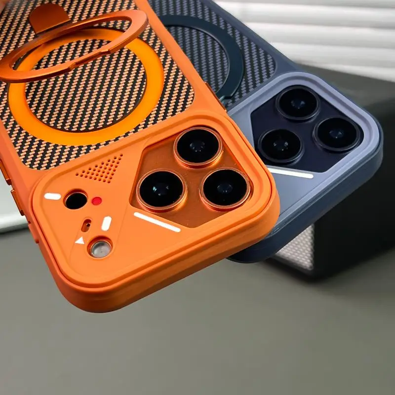 New Matte Carbon Fiber Textured Backplate Magnetic Phone Case for iPhone 17 13 14 15 16 Pro Max With Ring Stand Protective Cover