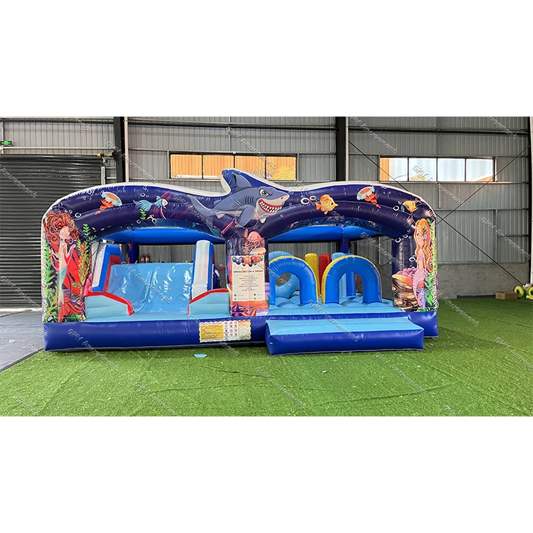 Factory Price Shark Ocean Theme  Obstacle Course With  Slide Playground Combo Inflatable Jumper Children Bouncy Castle