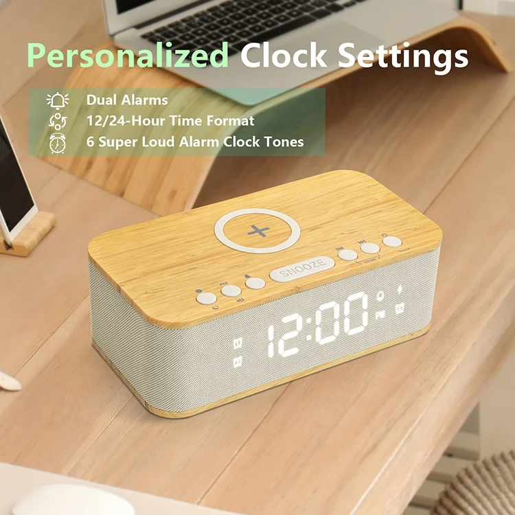 FANSBE Multifunction Dual Clock Radio Bluetooth Wireless Charger Alarm Clock Speaker for Mobile Phone