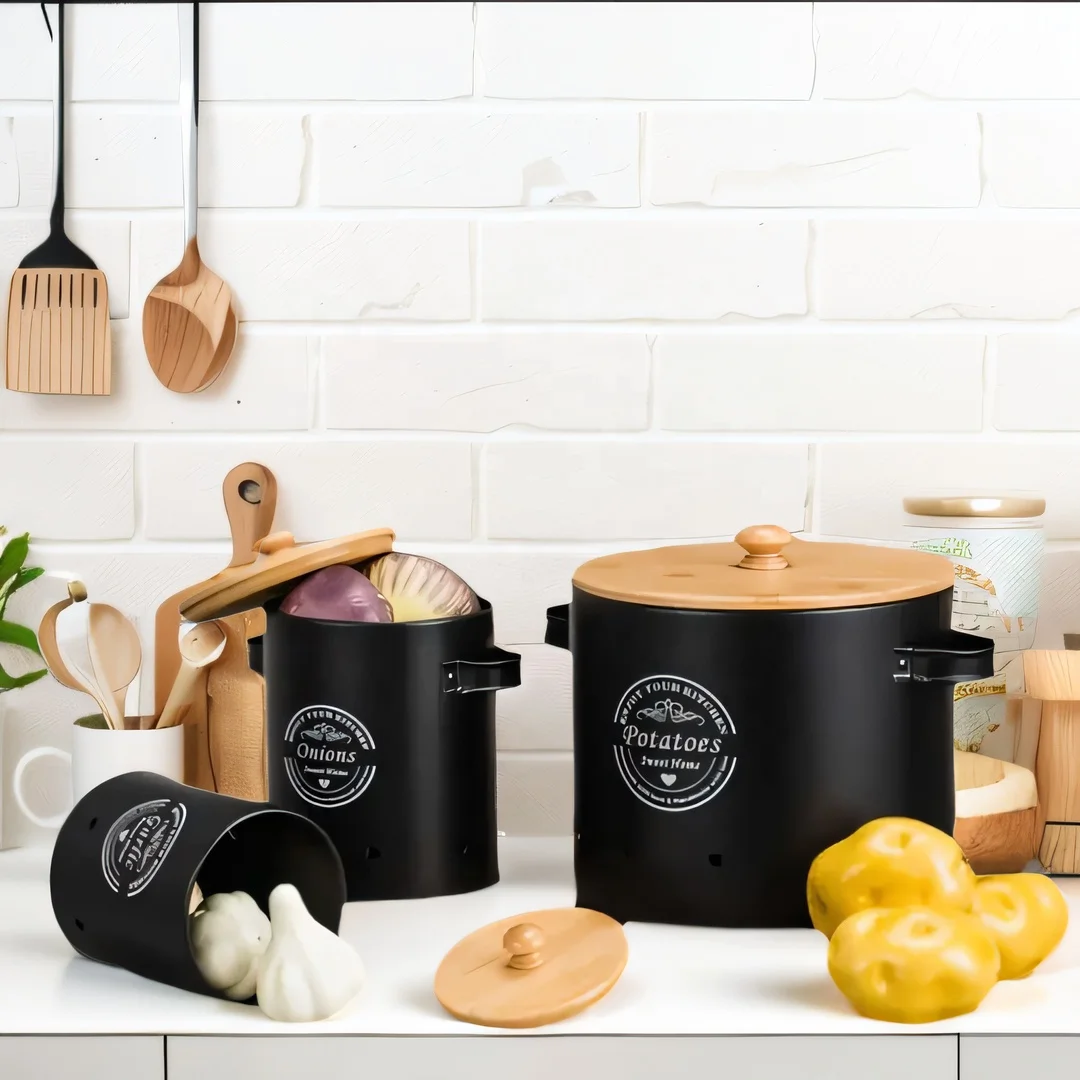 Stackable Steel Vegetable Storage Bins Metal Canisters Set Garlic Potato Onion Vegetable Keeper Storage Box Jars Set