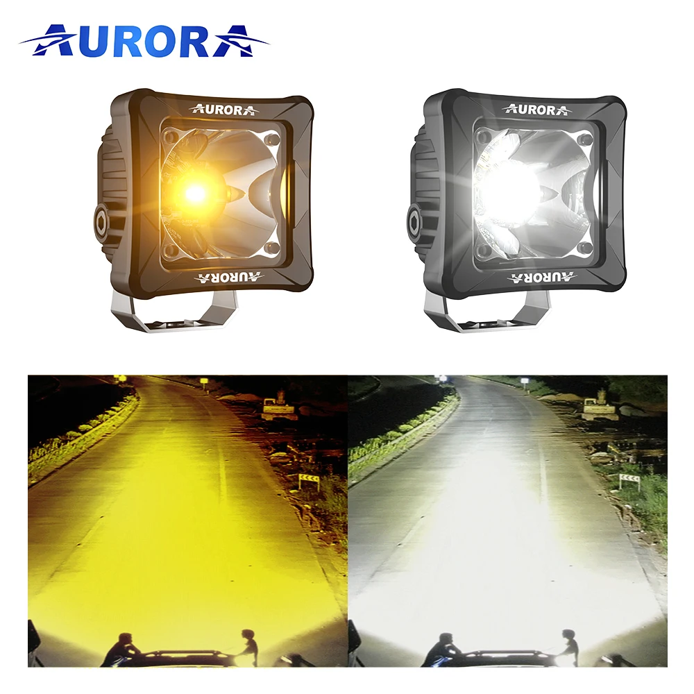 AURORA Fog Lights square Led Work Light for Off-road Yellow and White Color Off Road 4x4 ATV Truck Led Light for Motorcycle