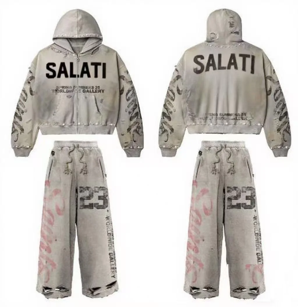 SALATI Winter Streetwear Sweatsuits Sets Custom Vintage Washed Thick Cotton Men Two Piece Sweatpants Hoodie Sets Tracksuit Set gallery 3