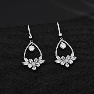 Ilona Fashion Water Drop Flower Brass Zircon Platinum Plated Dangle Earrings Women's  Festival Wedding Jewelry Gifts Wholesale