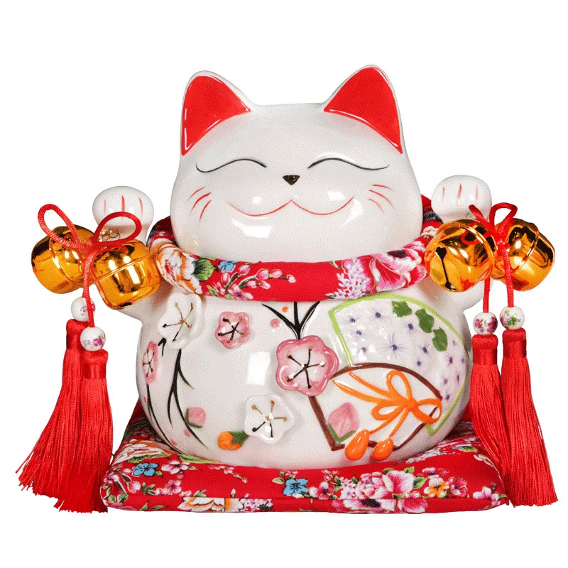 Estatua de gato de la suerte de porcelana, Maneki Neko de cerámica