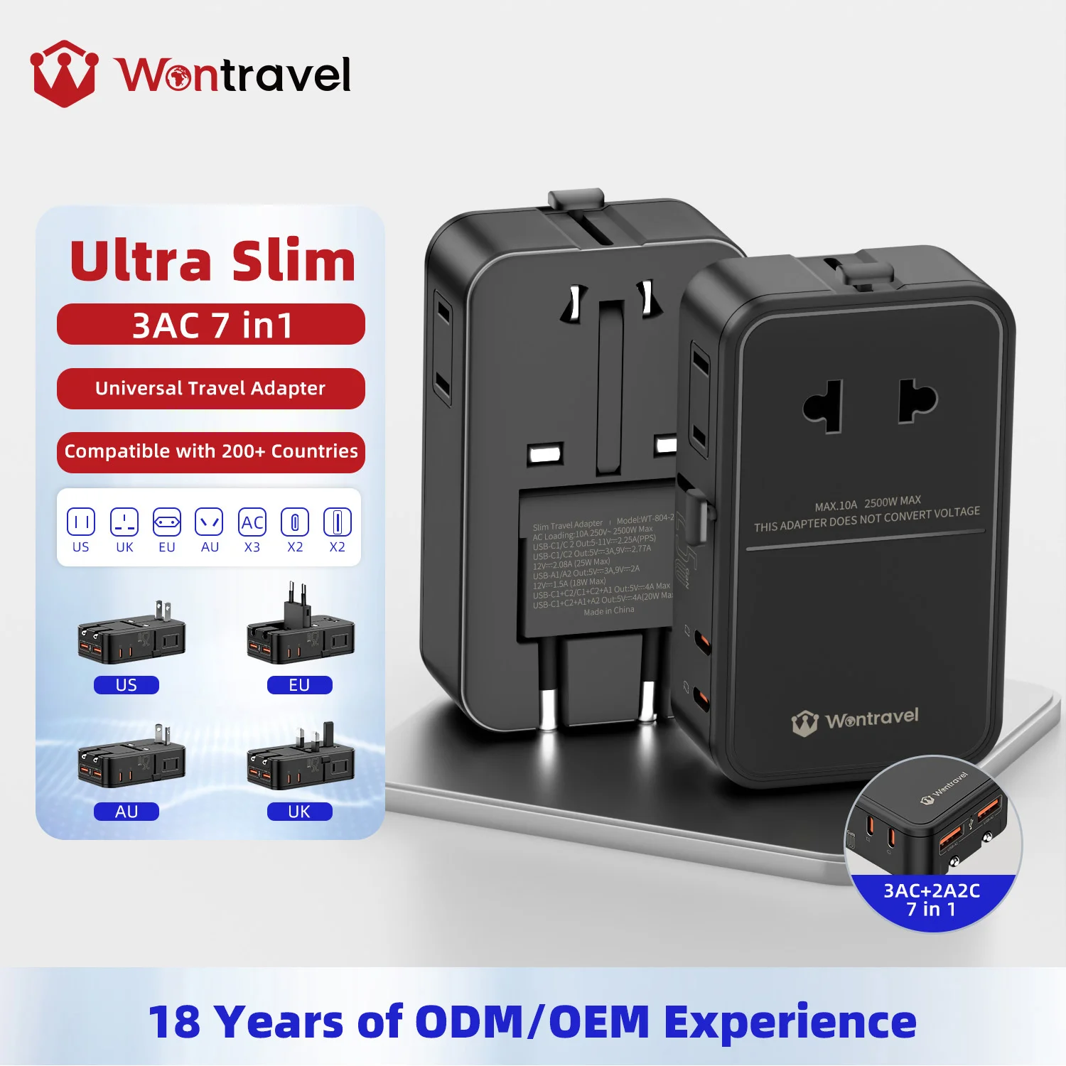 Adattatore da viaggio slim Wontravel con logo personalizzato, 25 W, 3 prese CA, 7 porte di alimentazione, utilizzabile in oltre 200 paesi, ideale come regalo