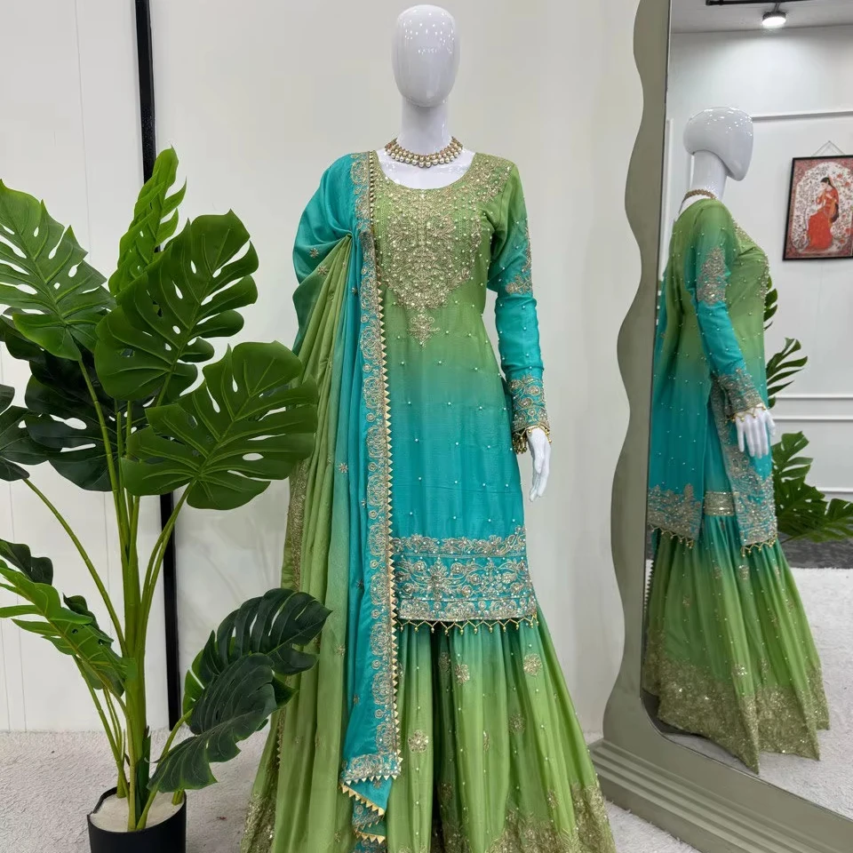 Heavy Chinon Silk with Digital Print With Emb Siquance Work Price Gown with Dupatta Suit Wedding Partywear India Bulk Product