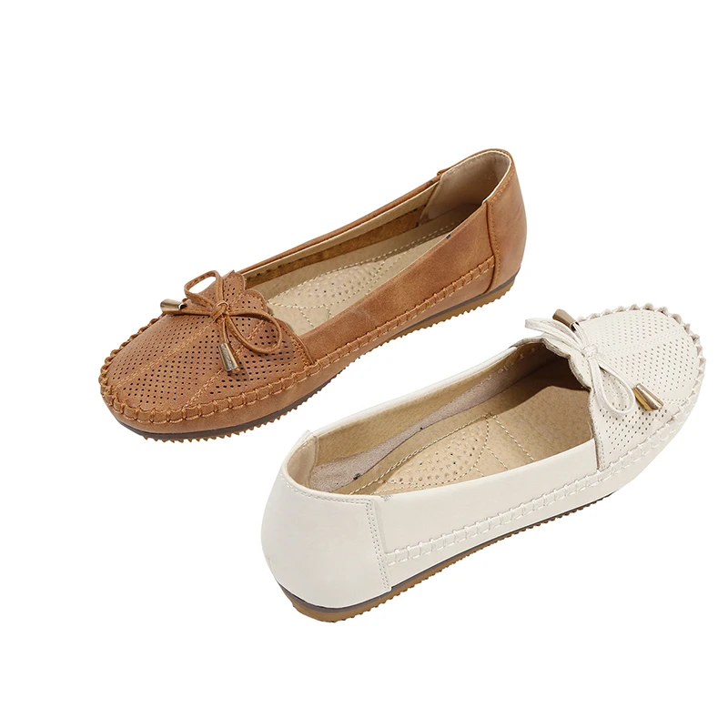 Fashion Girl Shoe Casual Peas Shoes Leather Moccasins Slip-On Soft Shoes Women Bow Flat Shoes