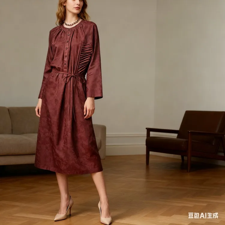 Burgundy Ramie Loose Waist-Tie Pullover Dress - Retro Elegant Mid-Length Office & Casual Dress