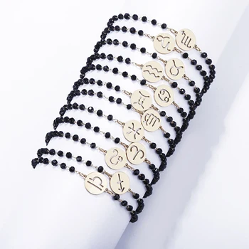 Wholesales European and American Stainless Steel Bracelet 12 Constellation Black Crystal Adjustable Zodiac Bracelet