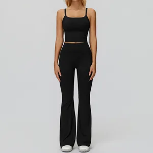 Custom logo Breathable Brushed Flared High Waist Scrunch Flare Pants Crop Top Quick Dry Gym Running Fitness Outfit Yoga Set