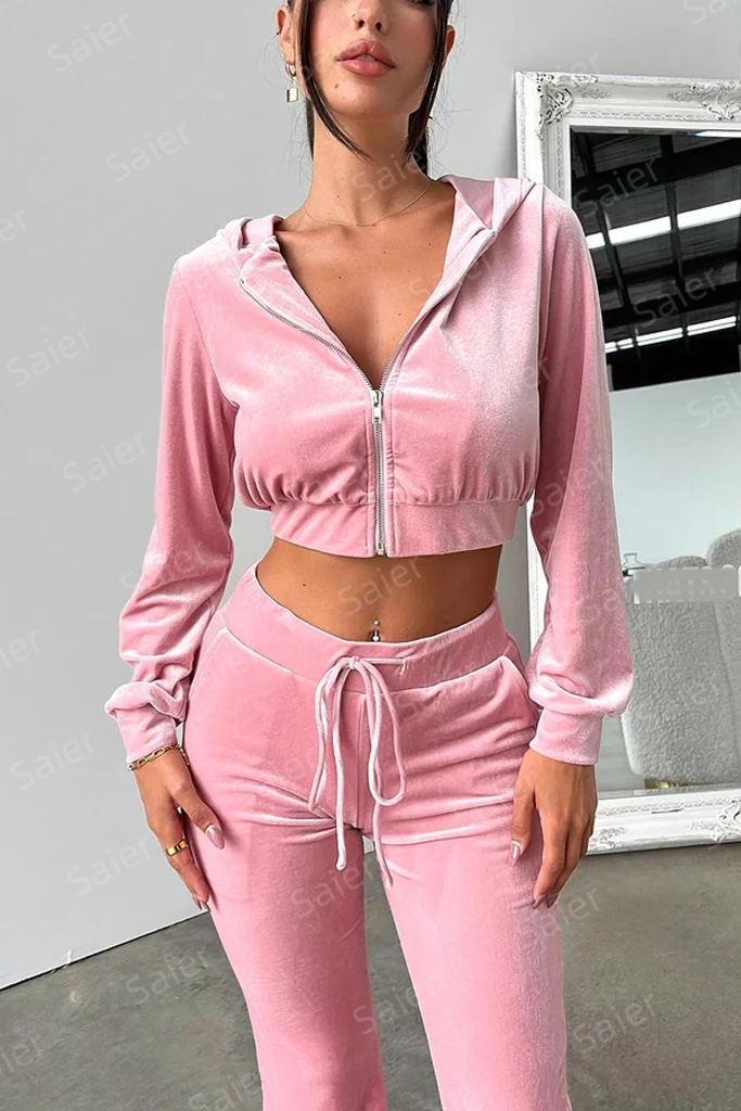 Custom Velour Tracksuit 2 Piece Cropped Zip Up Hoodie And Pants Set For