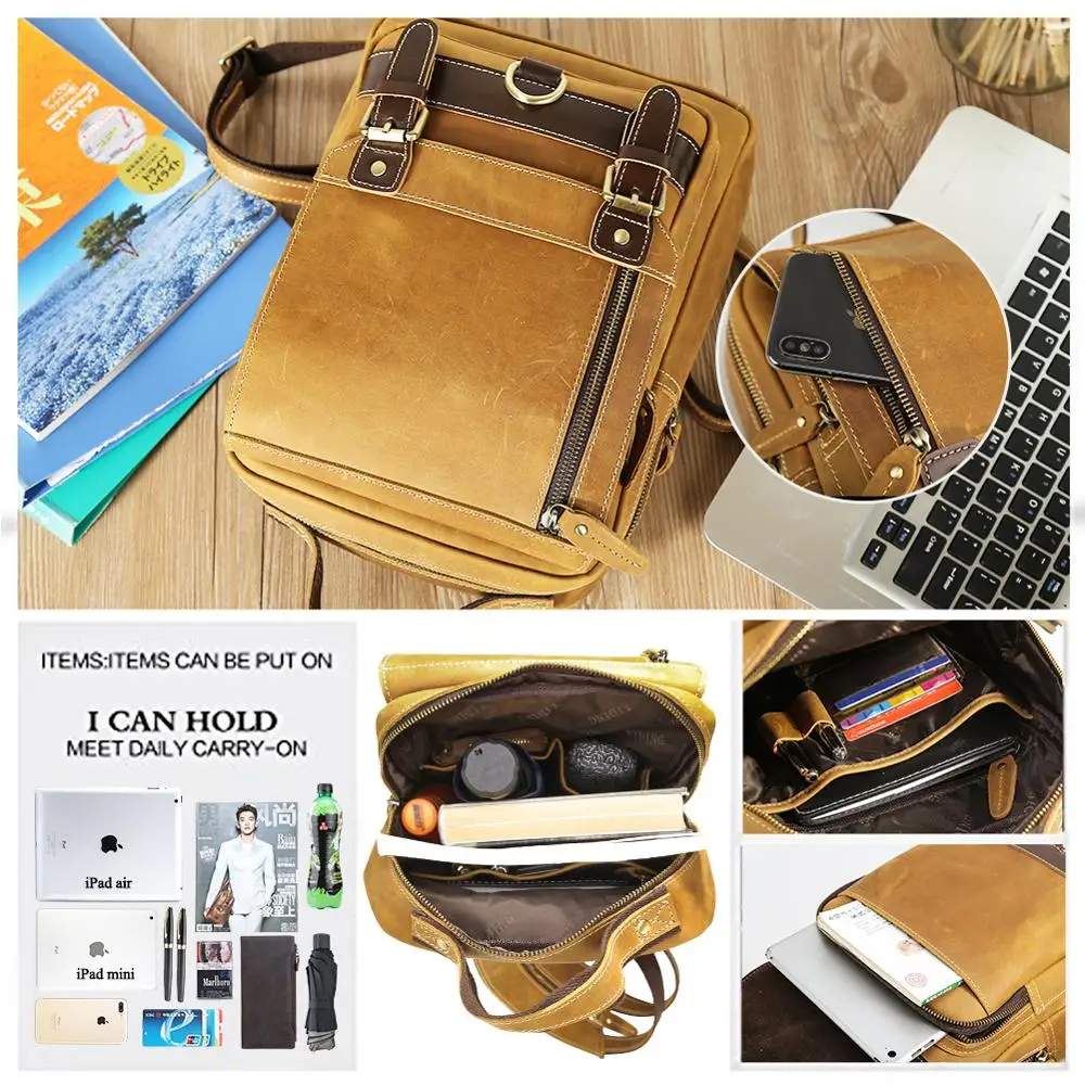 Tiding Custom Vintage Mini Genuine Leather Chest Crossbody Cowhide Casual Sling Bag Backpack for Men