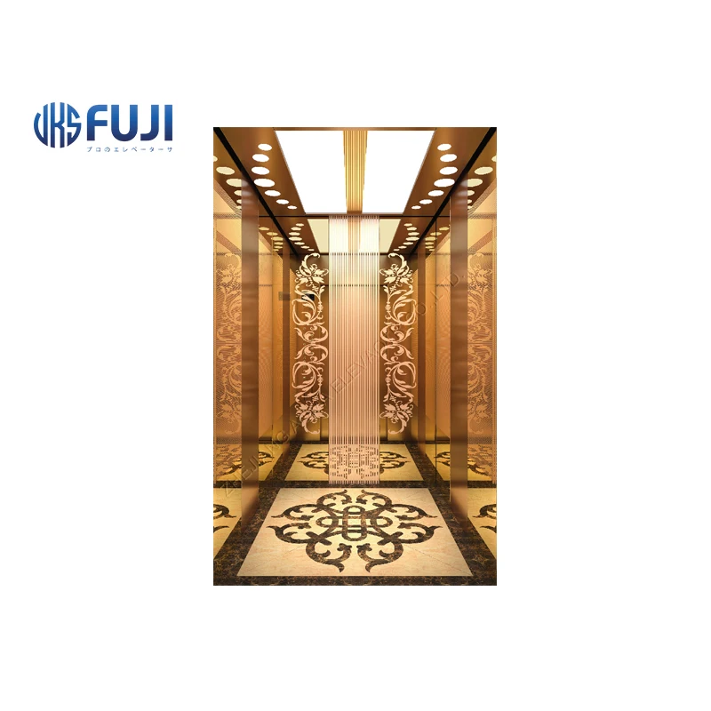 China Elevator Factory Gorgeously Decorated Machine Room Cabin Rose Gold Passenger Elevator