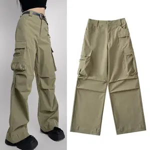 Customized Retro Multi-pocket Overalls for Women High-waisted Loose Slim-fitting Straight-leg Casual Trousers