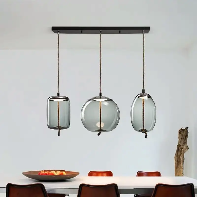 Simple Twisted Rope Glass Led Pendant Light Creative Smoke Gray Glass Kitchen Restaurant Chandelier